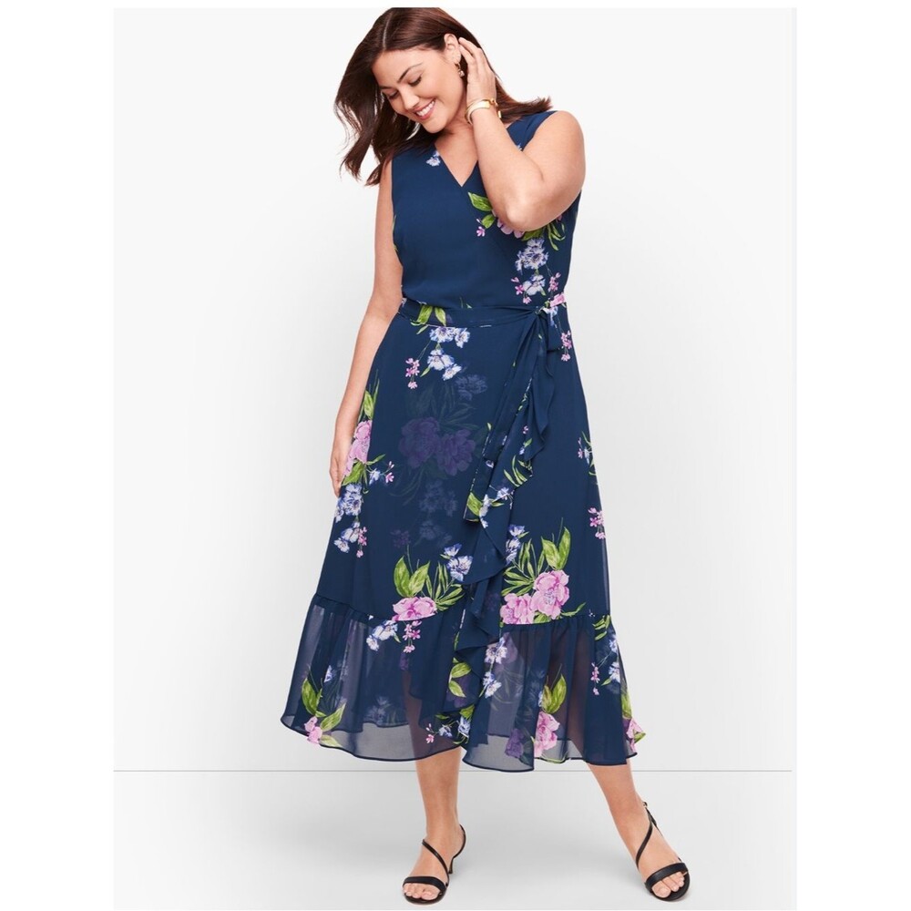 Talbots Georgette Painterly Floral Wrap Dress navy pink size 24w NWT